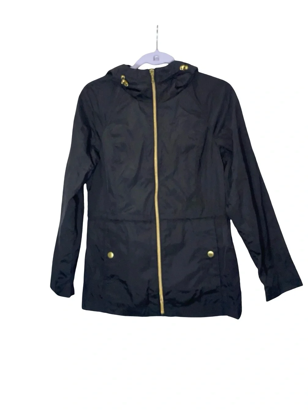 Cole Haan Women's Signature Hooded‎ Rain Jacket Black Gold Hardware Size XS